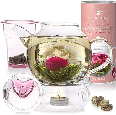 Teabloom Flowering Tea Gift Set - Glass Teapot 36 oz Tea Warmer Infuser  12 Heart-Shaped Blooming Teas