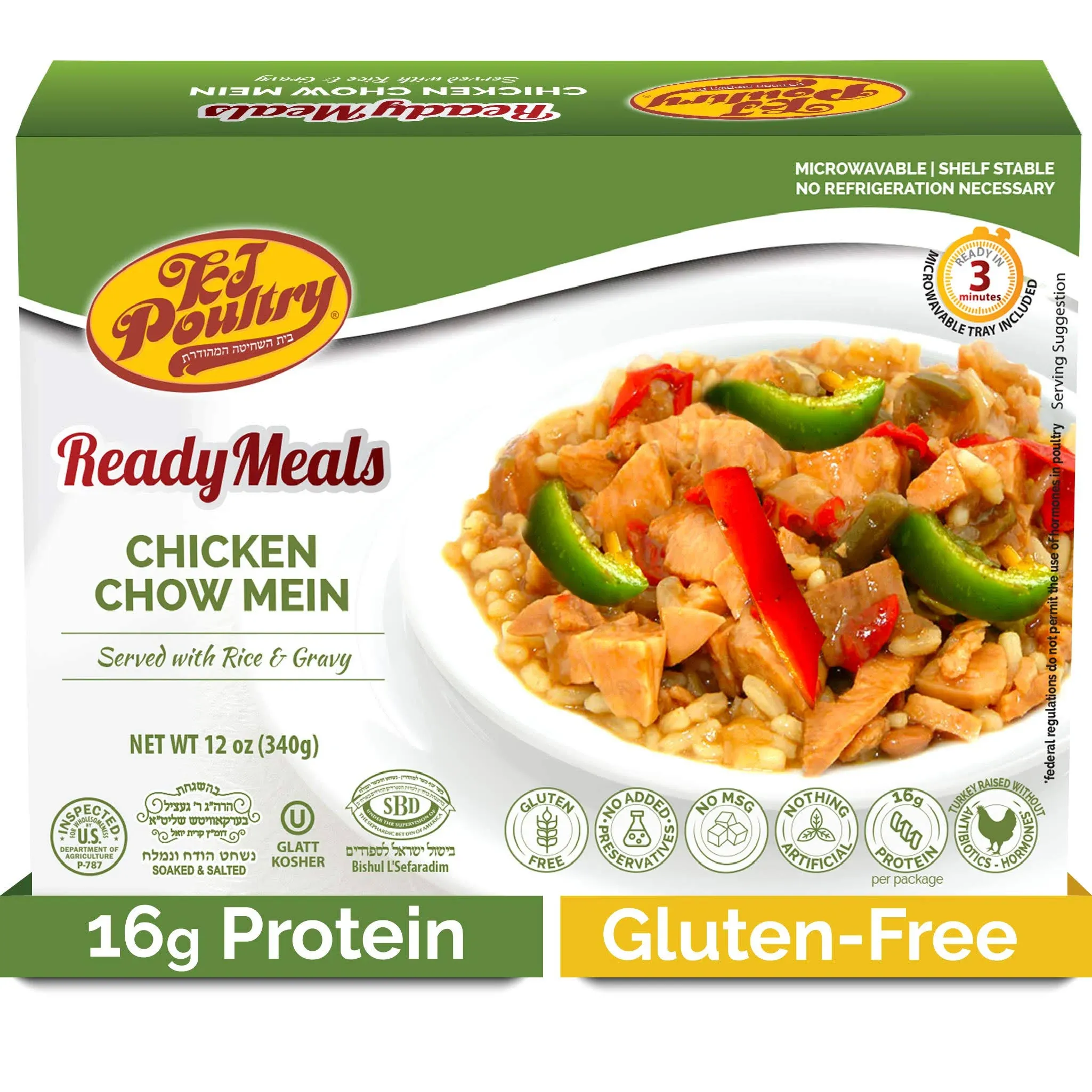 KJ Poultry Kosher Ready Meals - Chicken Chow Mein, MRE Meat Meals Ready to Eat, Gluten Free (1 Pack) Prepared Entree Fully Cooked, Shelf Stable Microwave Dinner Travel Military Camping Survival