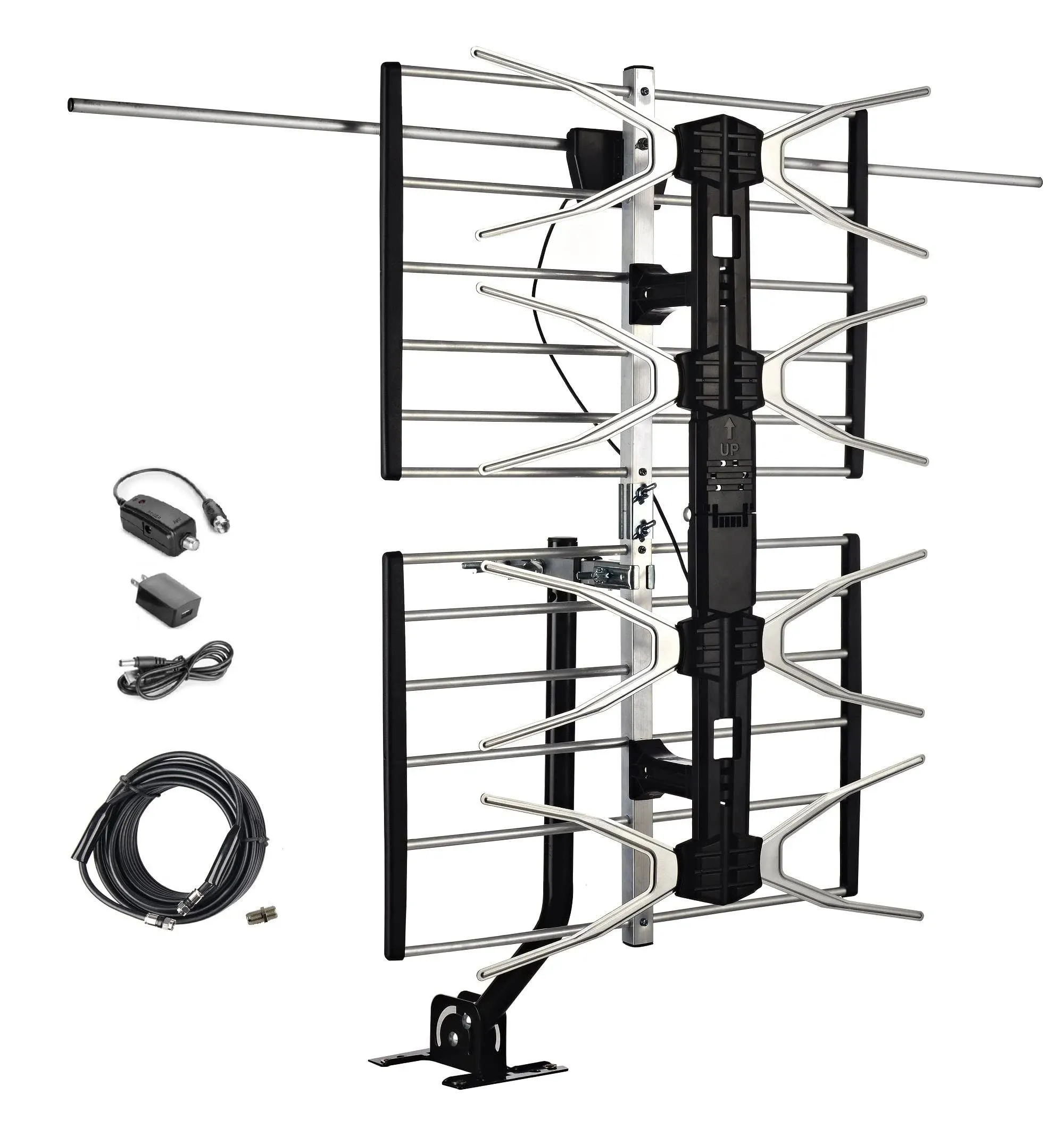 Digital HDTV Outdoor Amplified Antenna - 150 Miles Range - Mounting Pole & 40 feet RG6 Coaxial Cable Included - Optimized Performance in UHF & VHF - Tools Free Installation