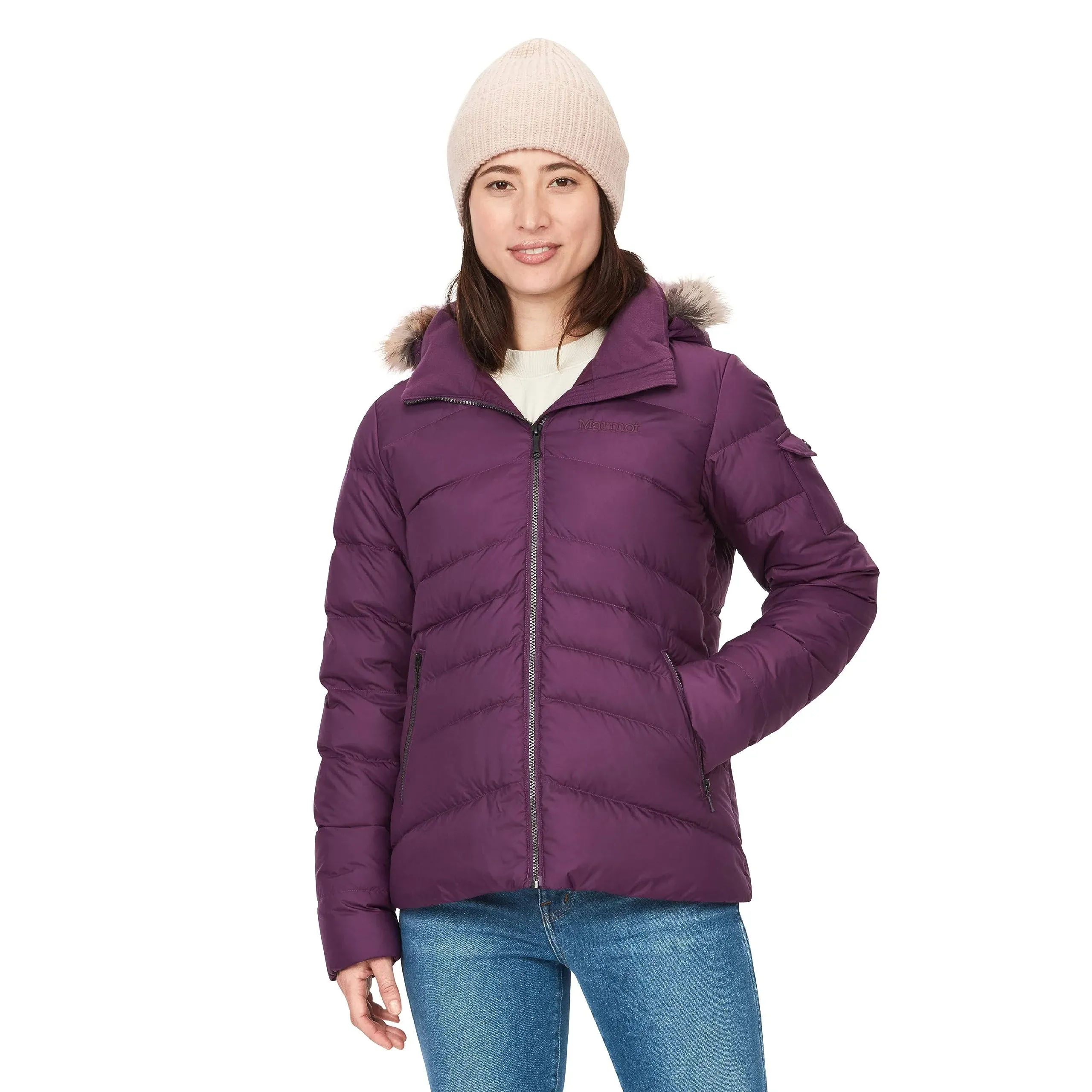 NEW Marmot Womens Ithaca Down Puffer Jacket Faux Fur Size Large Purple Fig