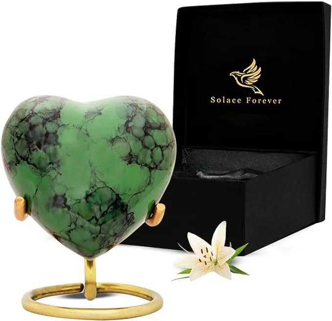 Green Heart Urn Keepsake - Mini Cremation with Stand &amp; 