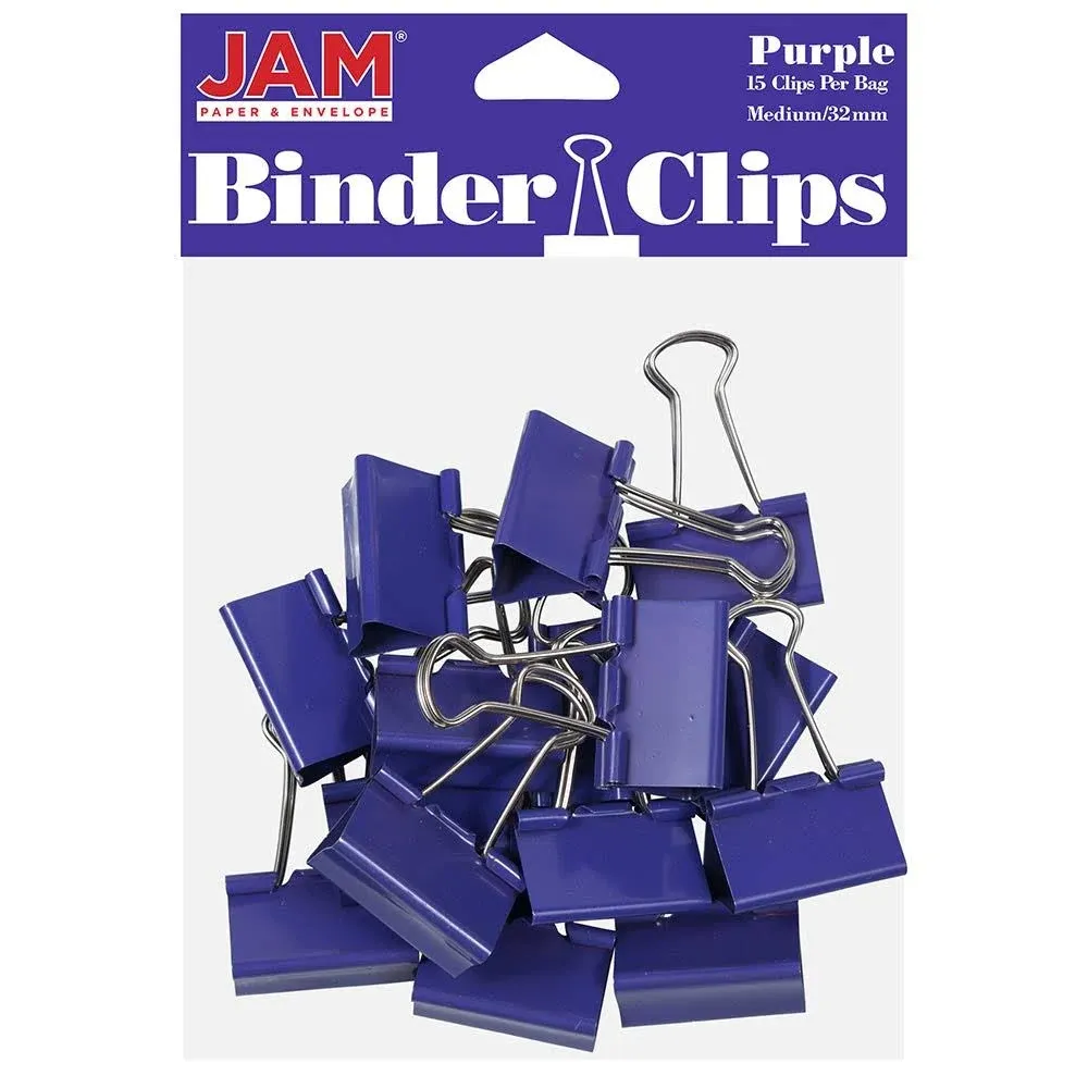 JAM PAPER Colorful Binder Clips - Medium - 1 1/4 Inch (32 mm) - Purple Binderclips - 15/Pack