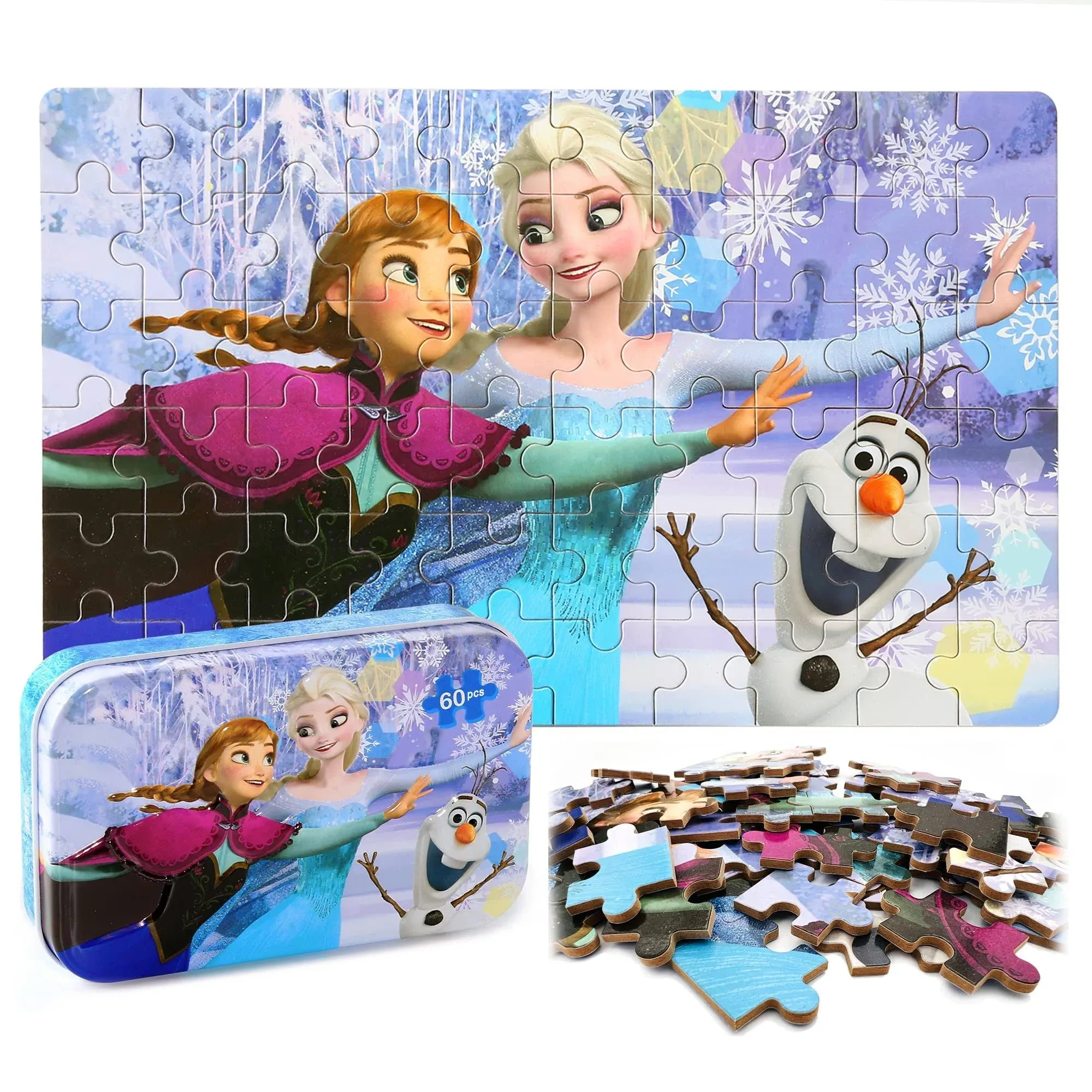 LELEMON Disney Frozen Jigsaw Puzzle in A Metal Box 60 Pieces Anna and Elsa Winter ...