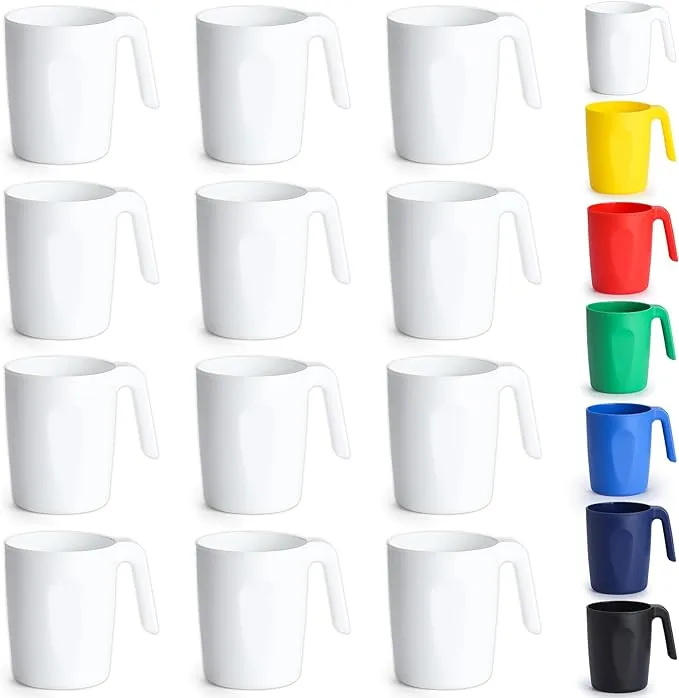 Kyraton Plastic Mug Set 12 Pieces, White Unbreakable And Reusable Light Weight Travel Coffee Mugs Espresso Cups Easy to Carry And Clean, Dishwasher Safe