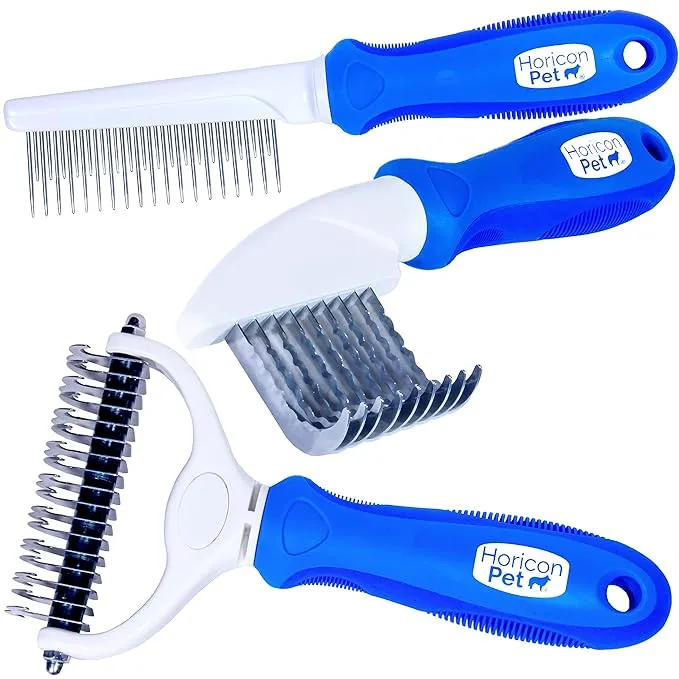 Ultimate Pet Dematting & Deshedding Set - 3 in 1 Grooming Tool Set - Dual Sided Undercoat Rake, Dematting Razor Comb & Detangling Pet Comb