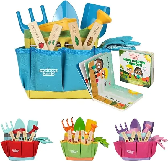 Kids Gardening Tools - Includes Sturdy Tote Bag, Watering Can, Gloves, Shovels, Rake, Stakes, and A Delightful Children's Book How to Garden Tale