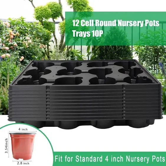 RooTrimmer Shop 12 Cell Round Nursery Pots Trays Thickened Durable Seedling Pots Shuttle Carrying Trays for Holding 4 inch Nursery Pots (16.85 × 12.6, 10-Pack)