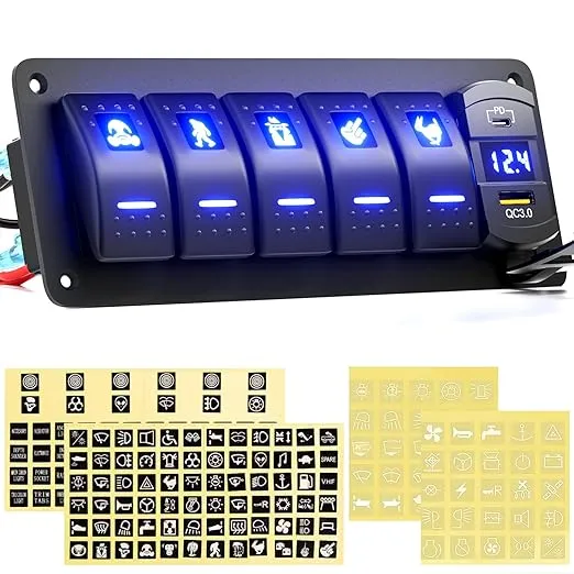 Rocker Switch Panel 5 Gang+ PD Quick Charge + 3.0 USB + Voltmeter Pre-Wired A...