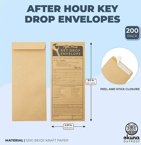 Okuna Outpost Key Drop Envelopes for After Hours Box (4.12 x 9.5 in, 200 Pack