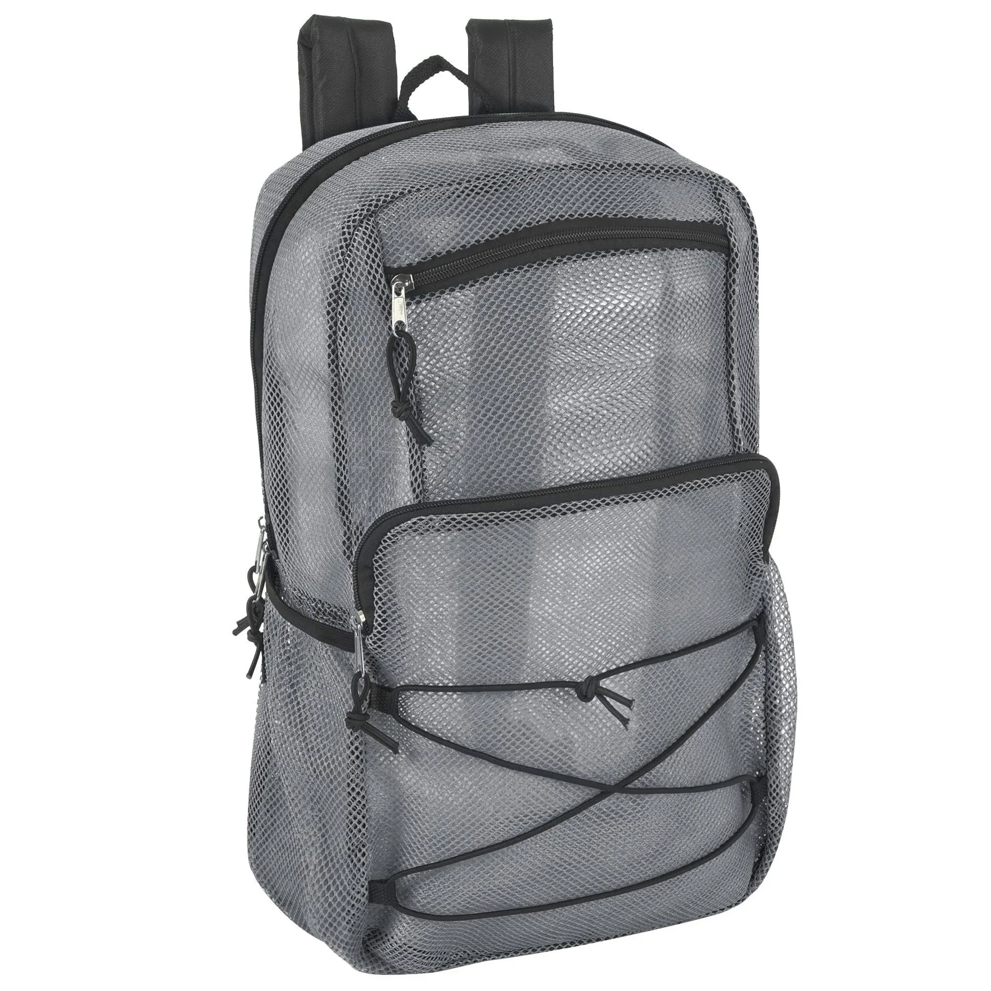 Deluxe See Through Mesh Backpack with Bungee Cord & Adjustable Padded Straps for Swimming, Travel (Grey)