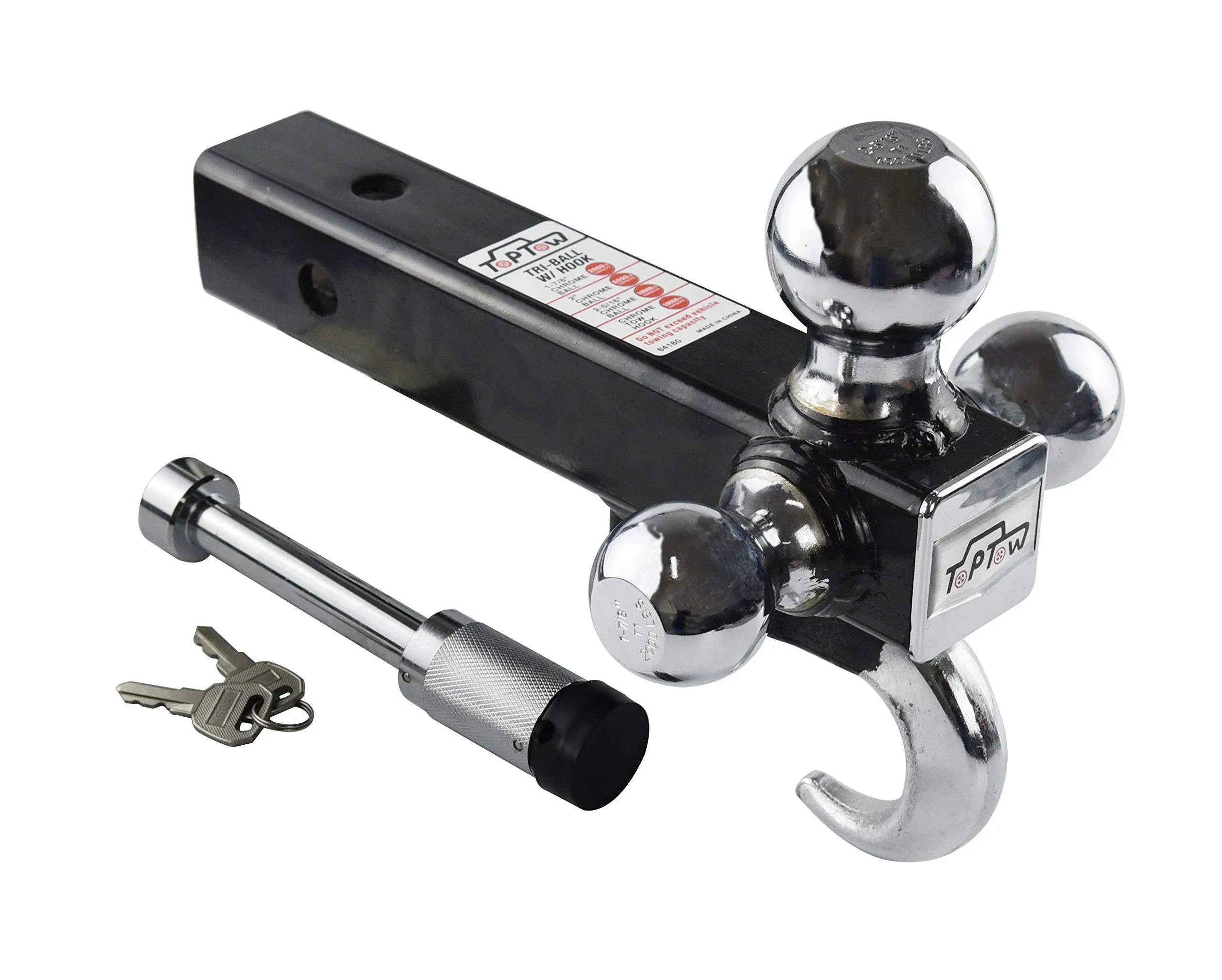 Toptow Trailer Receiver Hitch Triple Ball Mount w/ Hook Chrome Balls 2&#034; Shank