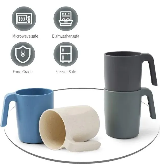 Loobuu Wheat Straw Mug Set 4 Pieces, Unbreakable And Reusable Light Weight Travel Coffee Mugs Espresso Cups Easy to Carry And Clean BPA Free