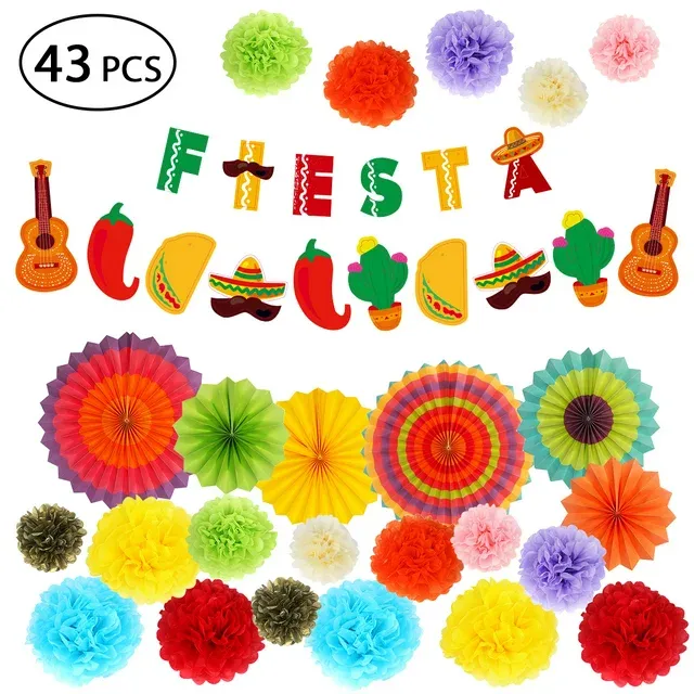 43pcs Cinco de Mayo Fiesta Supplies Paper Flowers, Hanging Paper Fans and Banner for Mexican Themed Party Decorations, Carnivals