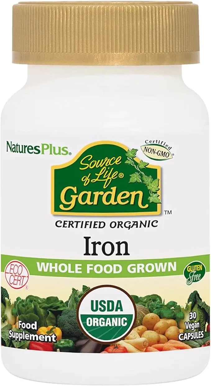 NaturesPlus Source of Life Garden Iron - 18 mg Organic Plant Based Gentle Iron Supplement, Highly Bioavailable - Vegan, Gluten Free, One A Day - 30 Capsules