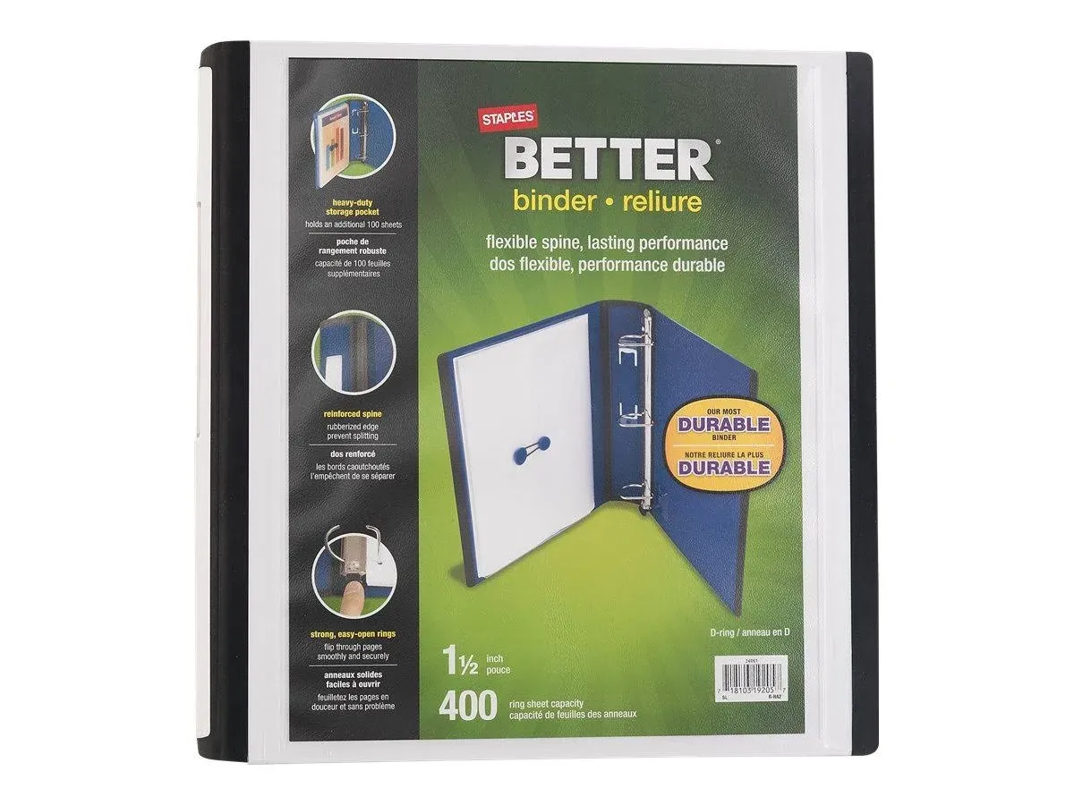 Staples Better 1-1/2 inch View Binders with D-Rings, White