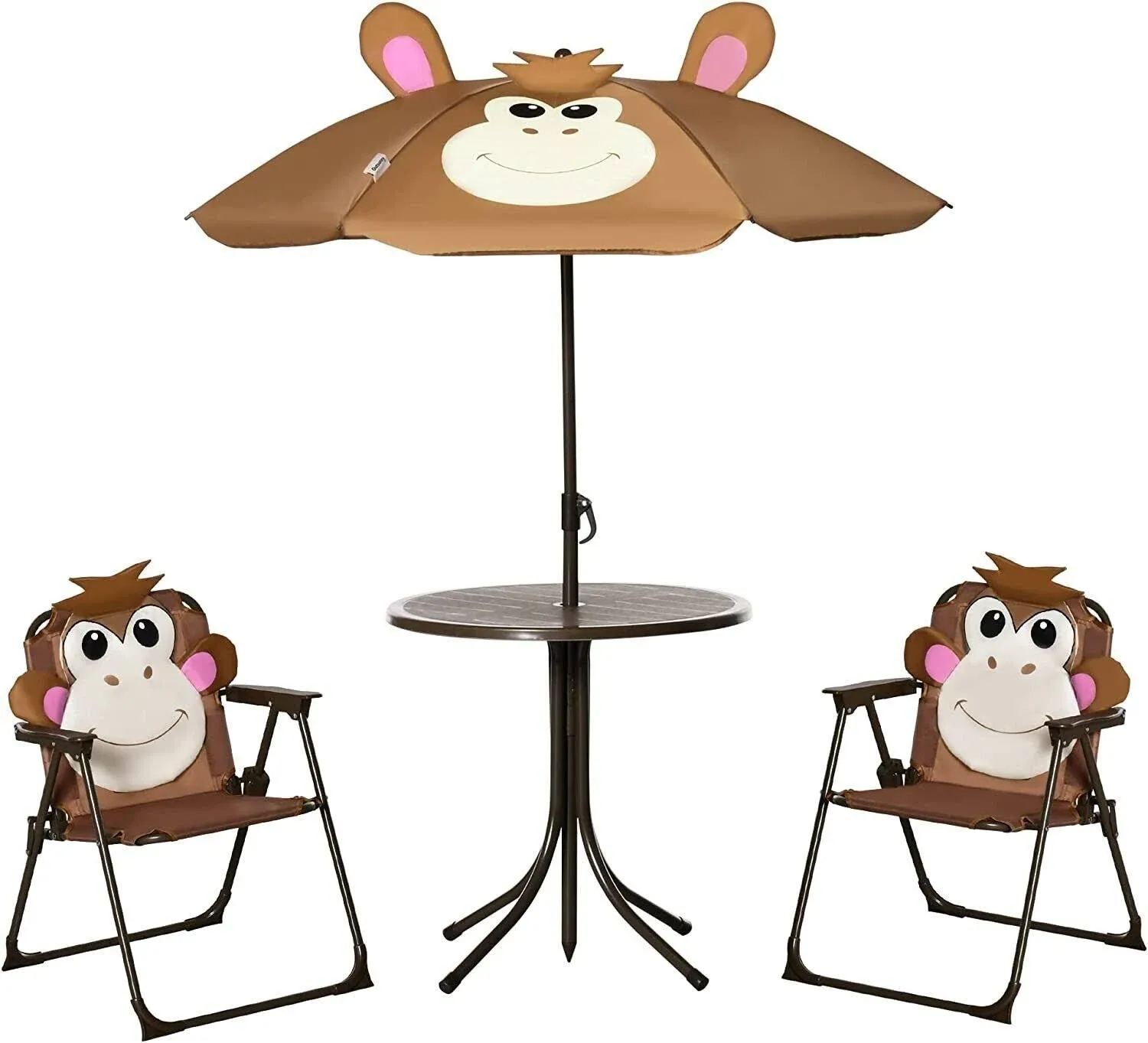 Kids Table and Chair Set, Outdoor Folding Garden Furniture, for Patio with Monkey Pattern, Removable &amp; Adjustable Umbrella, 3-6 Years Old