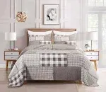 Chezmoi Collection Sanders 3-Piece Plaid Windowpane Checkered Patchwork 100% Cotton Quilt Set, Queen size, Gray