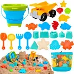 Sloosh Beach Sand Toys Set - Dump Truck Car Toys with Sand Molds for Toddlers Outdoor Play, Collapsible Foldable Buckets Mesh Bag Sand Shovels Castle Animal Mold Sets, Kids Ages Sandbox Toys (Animals)