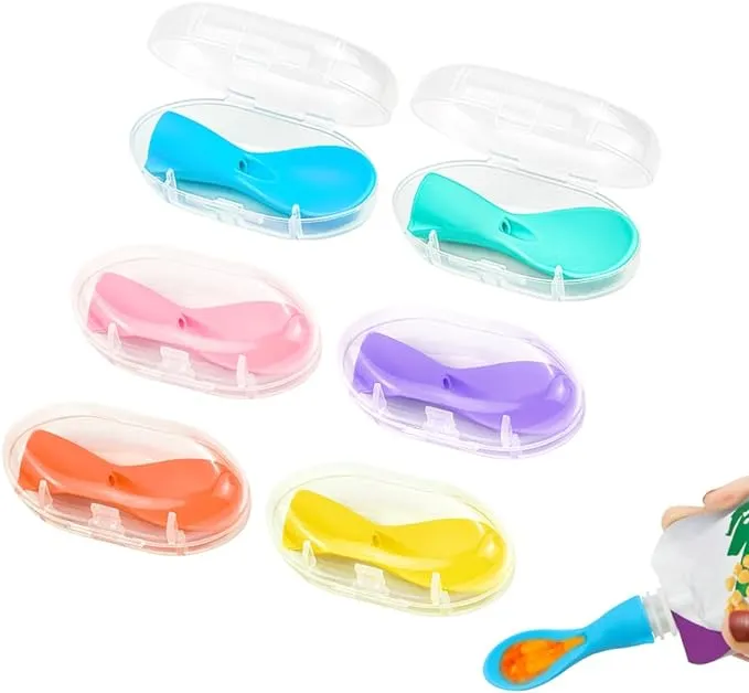 Morlike Baby Food Pouch Topper Silicone Spoons with Travel Cases, Squeeze Pouch Attachment Toppers for Travel and Feeding (6 Pack) - Not Include Squeeze Pouch