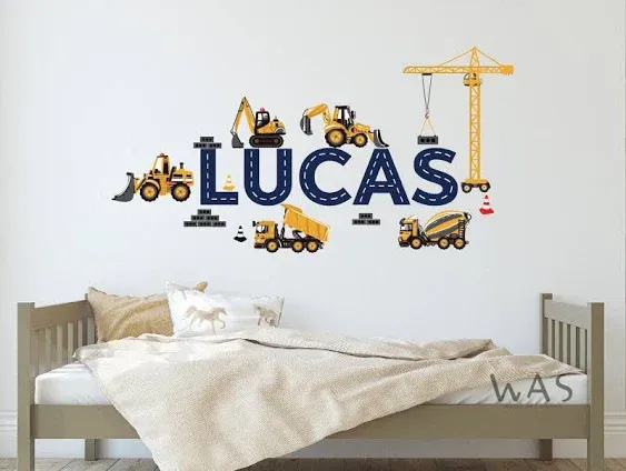 Personalized Name With Construction Trucks Wall Decals, Custom Construction Road Style Name With Diggers Wall Stickers, Boy Room wall Decals