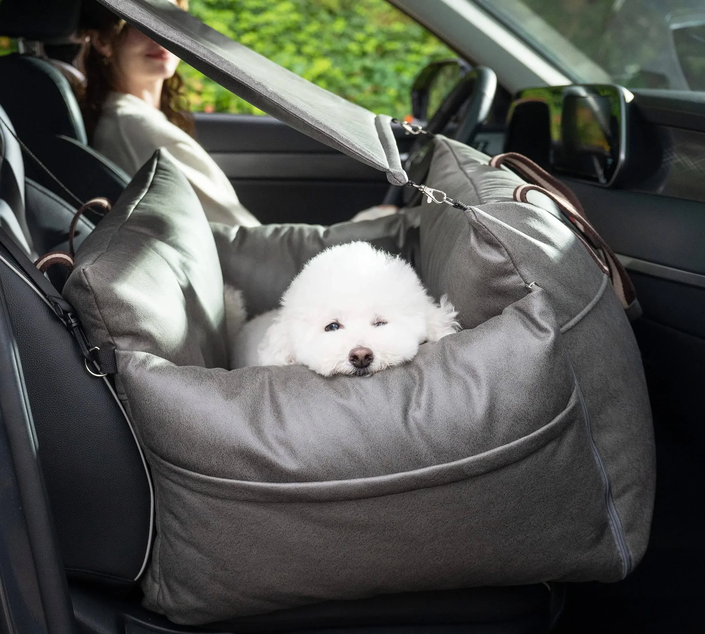 Dog Booster Seat with a Sun Shade Made of Strong Faux-Leather Fluffy Cushions...