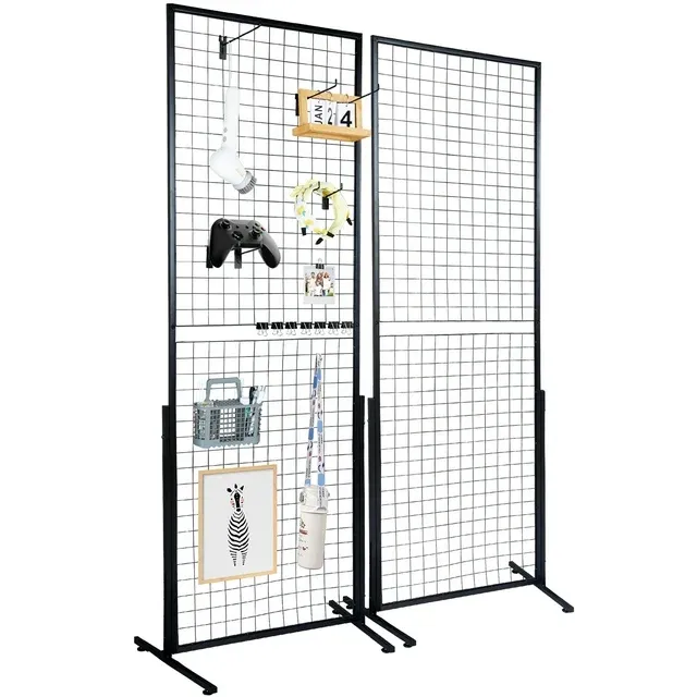 SKYSHALO 2' x 5.6' Grid Wall Panels Tower, 2 Packs Wire Gridwall Display Racks with T-Base Floorstanding, Double Side Gridwall Panels for Art Craft Shows, Retail Display with Extra Clips and Hooks