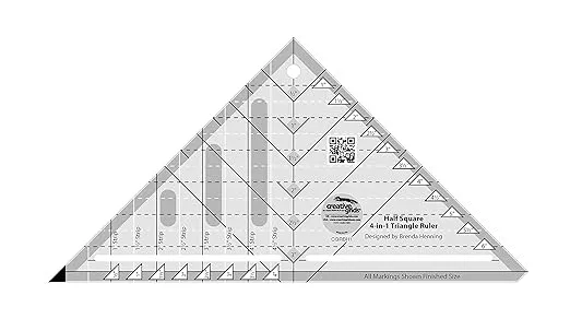 Creative Grids Half Square 4-in-1 Triangle Quilt Ruler – CGRBH1 – Made in USA, 5-1/2in x 10-1/2in, Non-Slip Grip Acrylic Quilting, Sewing, Crafting, Patchwork Ruler & Template