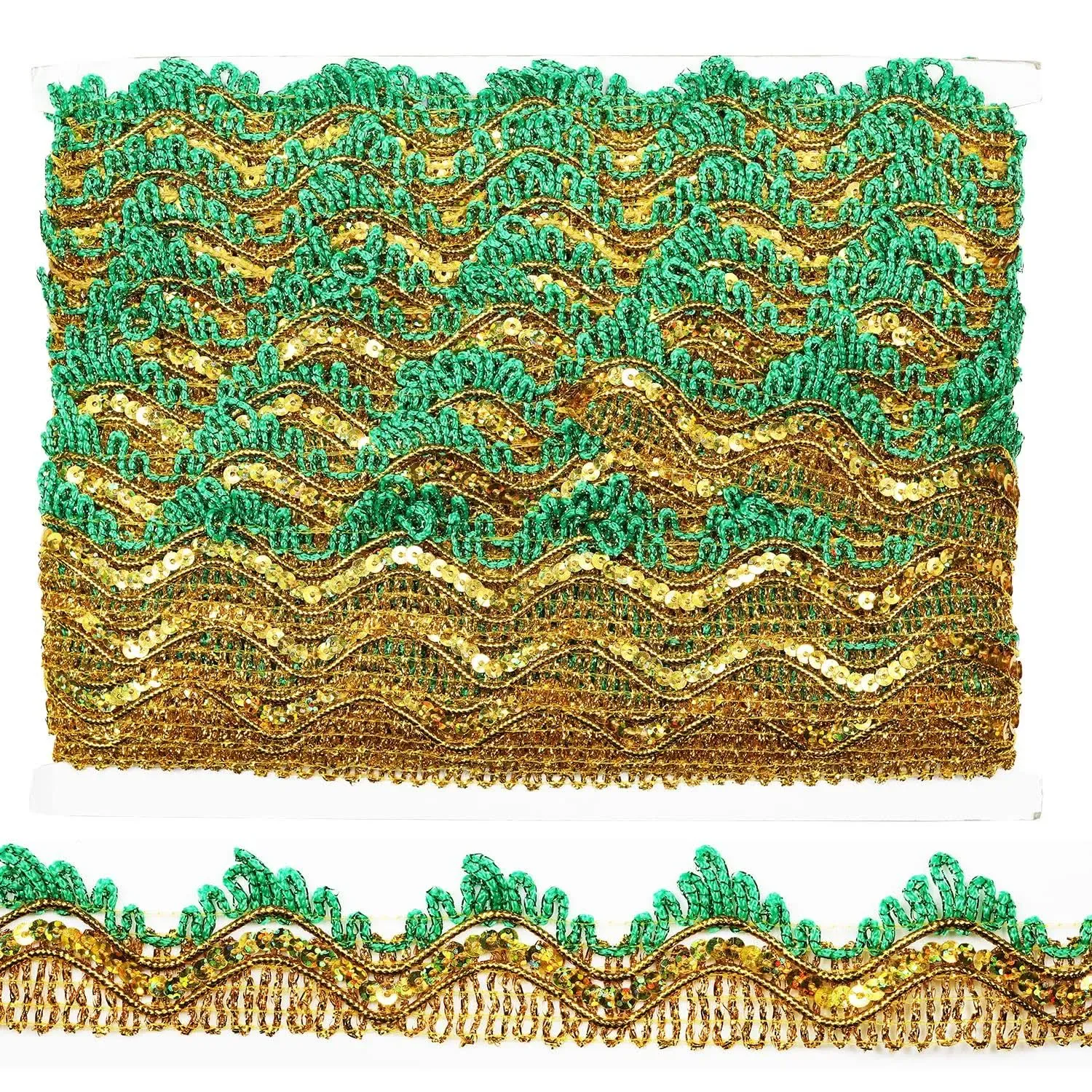 Long 14 Yard Wide 35mm/1.37inch Green Gold with Gold Sequins lace Trim Decora...