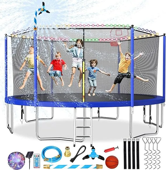 Upgraded 10/12/14/15/16FT Trampoline Outdoor, Large Kids Trampoline with Light, Stakes, Sprinkler, Backyard Trampoline with Basketball Hoop and Net, Capacity for 4-6 Kids and Adults