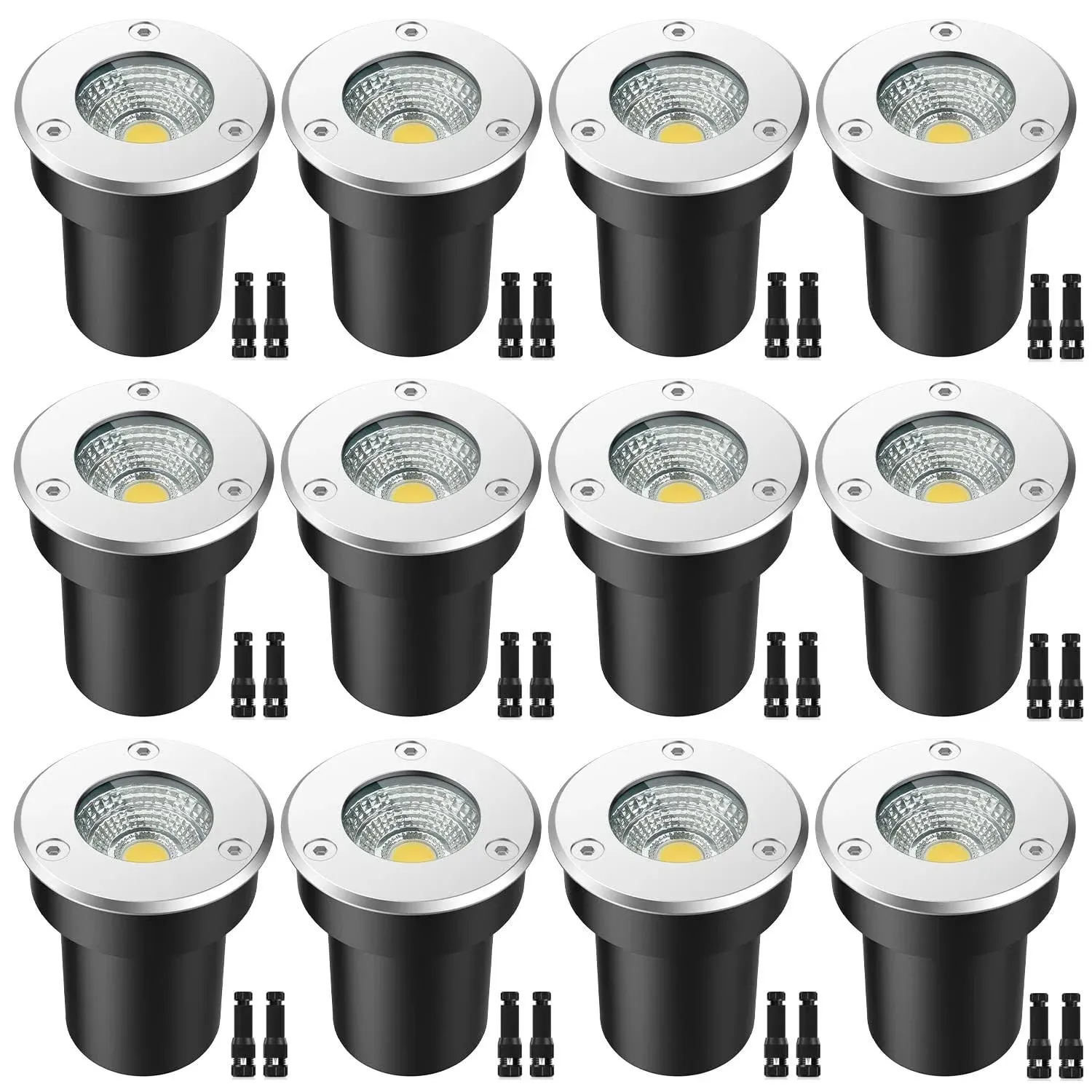 LEDVIE LED Landscape Lights, 12 Pack 7W LED Ground Lights with 24 Connectors Low Voltage in Ground Well Lights Pathway Lights Warm White, Waterproof