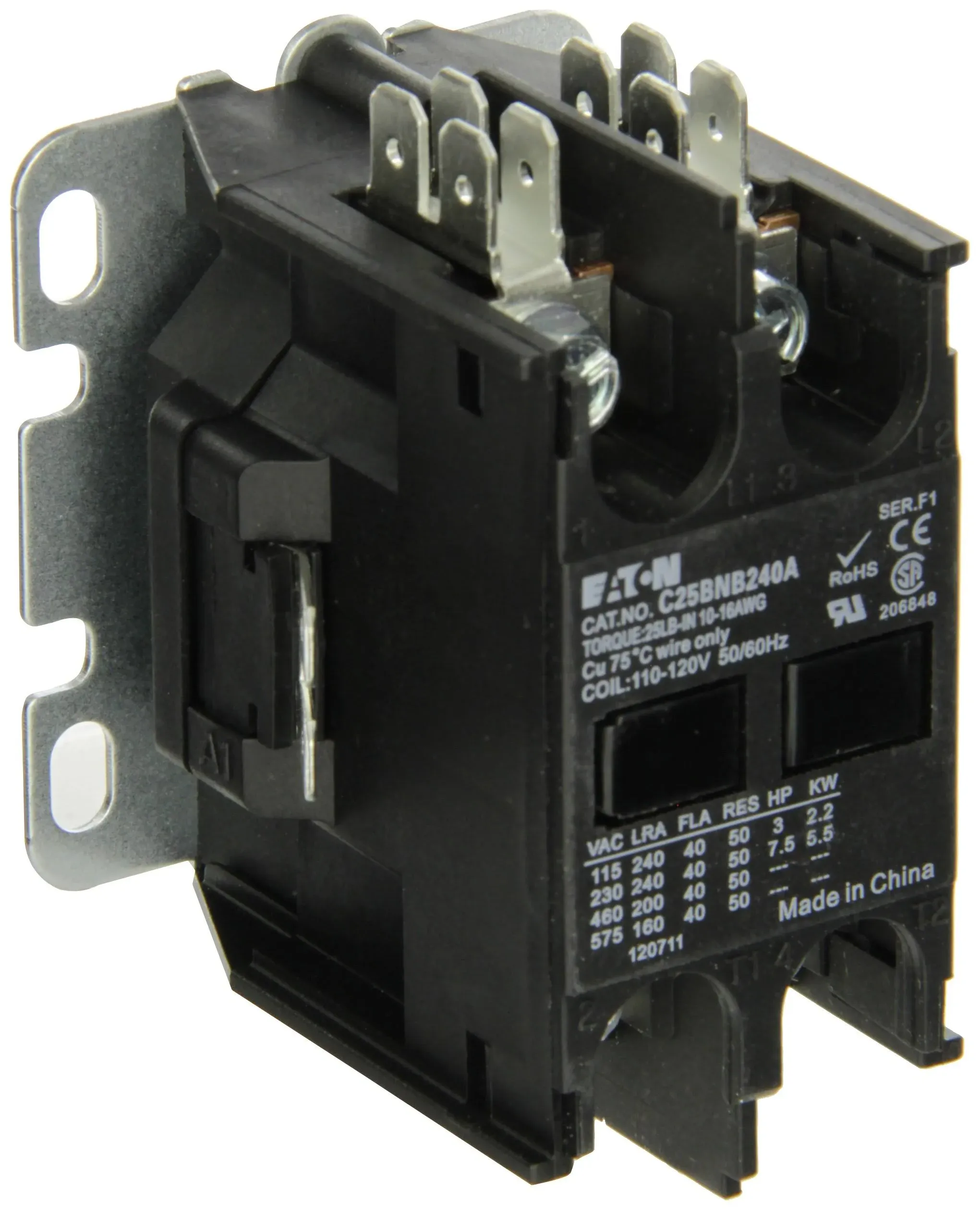 Eaton C25BNB240A Compact Definite Purpose Contactor, 40A Inductive Current Rating, 3 Max HP Rating at 115V, 7.5 Max HP Rating at 230V, 120VAC Coil Voltage