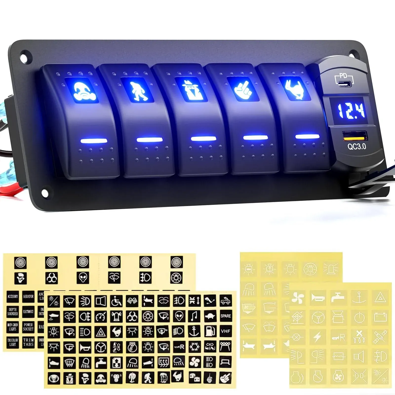 Rocker Switch Panel 5 Gang+ PD Quick Charge + 3.0 USB + Voltmeter Pre-Wired A...