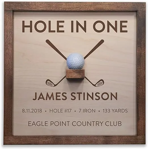 Personalized Wooden Hole in One Ball Display Plaque with Crossed Clubs