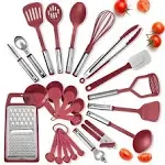 Cooking Utensils Set - 24 Pieces Nylon Kitchen Gadgets, Spatula Set with Stainless Steel Handles - Heat Resistant Kitchen Utensils Set - Red Kitchen Tools and Gadgets