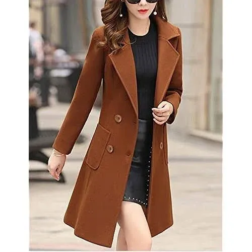 Bankeng Women Winter Wool Blend Camel Mid-Long Coat Notch Double-Breasted Lapel Jacket Outwear