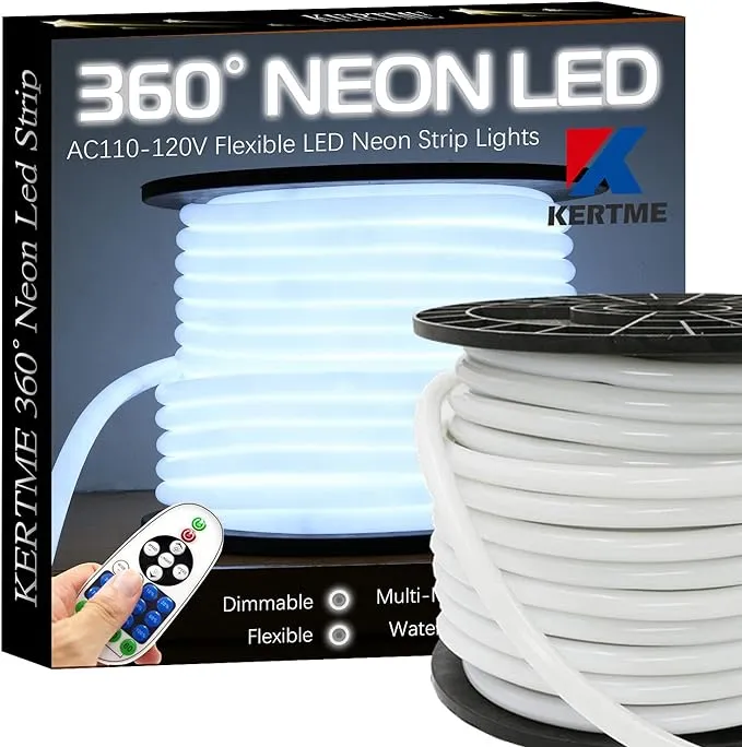 360° Neon Led Type AC 110-120V 360 Degree NEON LED Light Strip, Flexible/Waterproof/Dimmable/Multi-Modes LED Rope Light + Remote for Home/Garden/Building Decor (16.4ft/5m, White 6000K)