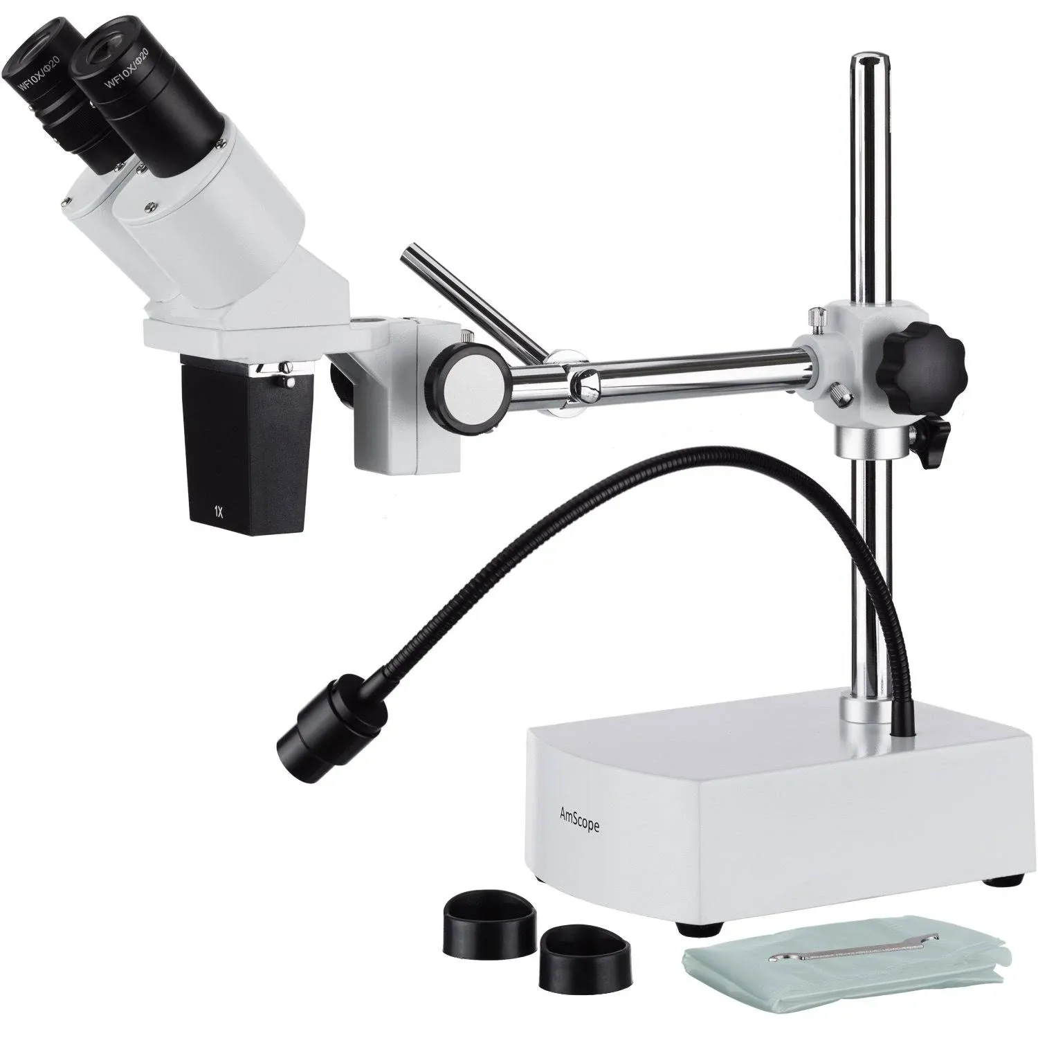 AmScope 5X-10X Binocular Boom Arm Stereo Microscope + LED Gooseneck