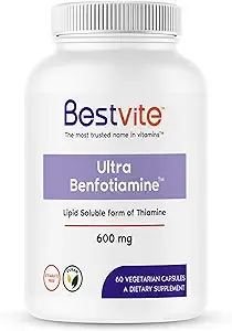 BESTVITE Ultra Benfotiamine 600mg per Capsule (60 Vegetarian Capsules) No Stearates - No Silicon Dioxide - Vegan - Non GMO - Gluten Free - Maximum Strength Benfotiamine