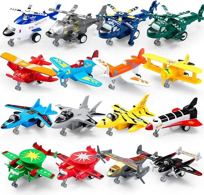 JOYIN 16 Pcs Pull Back Airplane Toys, Boys Plane Playset, Aircraft Including Helicopter Toys, Fighter Jet Toys, Bomber Toys, Biplane Toy, Gifts for