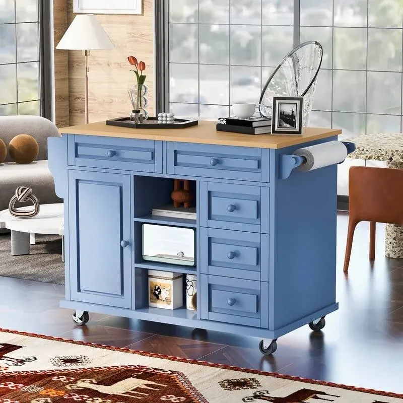 53-Inch Width Kitchen Island Cart with Storage and 5 Draws - Blue