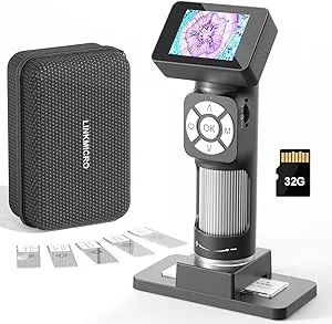 LM112 Microscope for Kids 8-12, Handheld Microscope with 2" Screen, 500X Portable Microscope Kit with Case, USB Magnifier with 8 LED Light for Adults, 5pcs Biological Microscope Slides, 32G