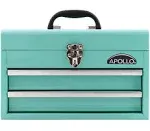 Apollo Tools 14 Inch Steel Tool Box with Deep Top Compartment and 2 Drawers in Heavy-Duty Steel With Ball Bearing Opening and Powder Coated Finish - Aqua Green - DT5010-GR