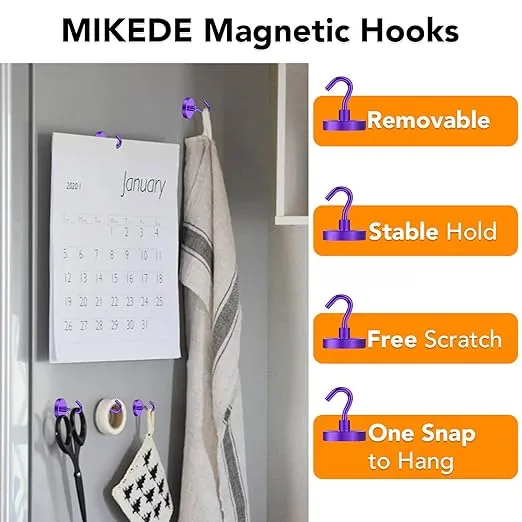 MIKEDE Magnetic Hooks Heavy Duty, 150LB+ Strong Neodymium Magnets for Refrigerator, Large Magnetic Hooks for Hanging, Magnets with Hooks Cruise Ship Essentials for Kitchen, Workplace - 8 Pack