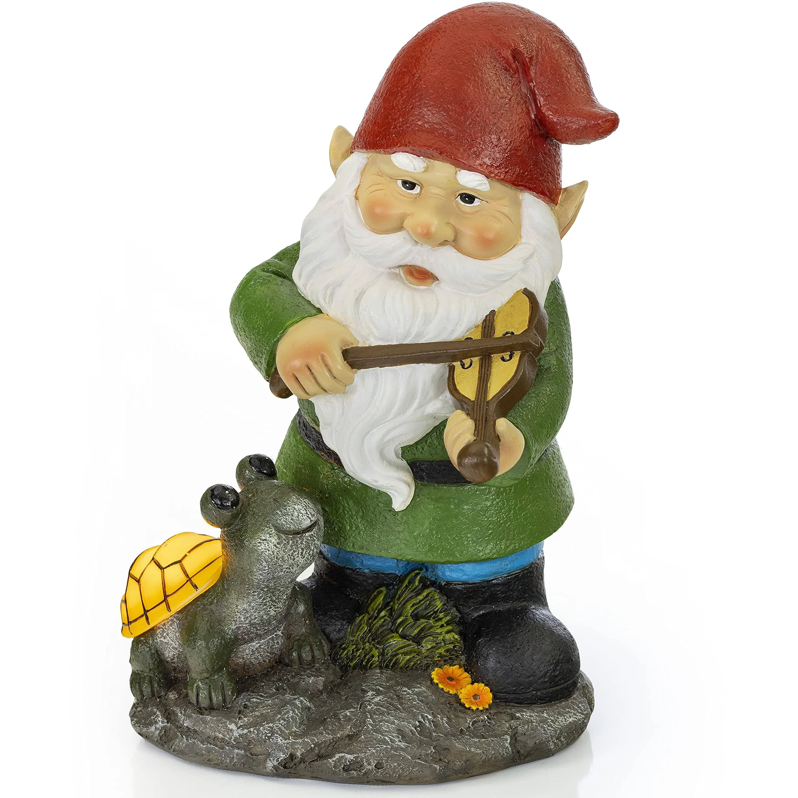 VP Home Fiddler Gnome with Glowing Turtle Solar Powered LED Outdoor Decor Garden ...