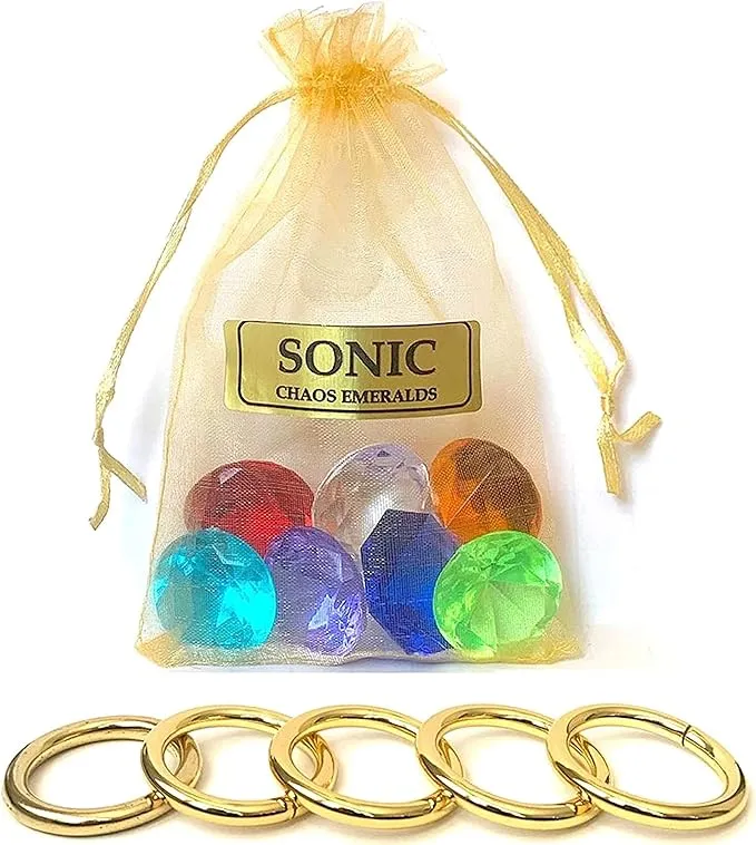 SONIC - Seven Chaos Emeralds Gems & Five Power Rings - In a Gift Bag - by Ace Trendz