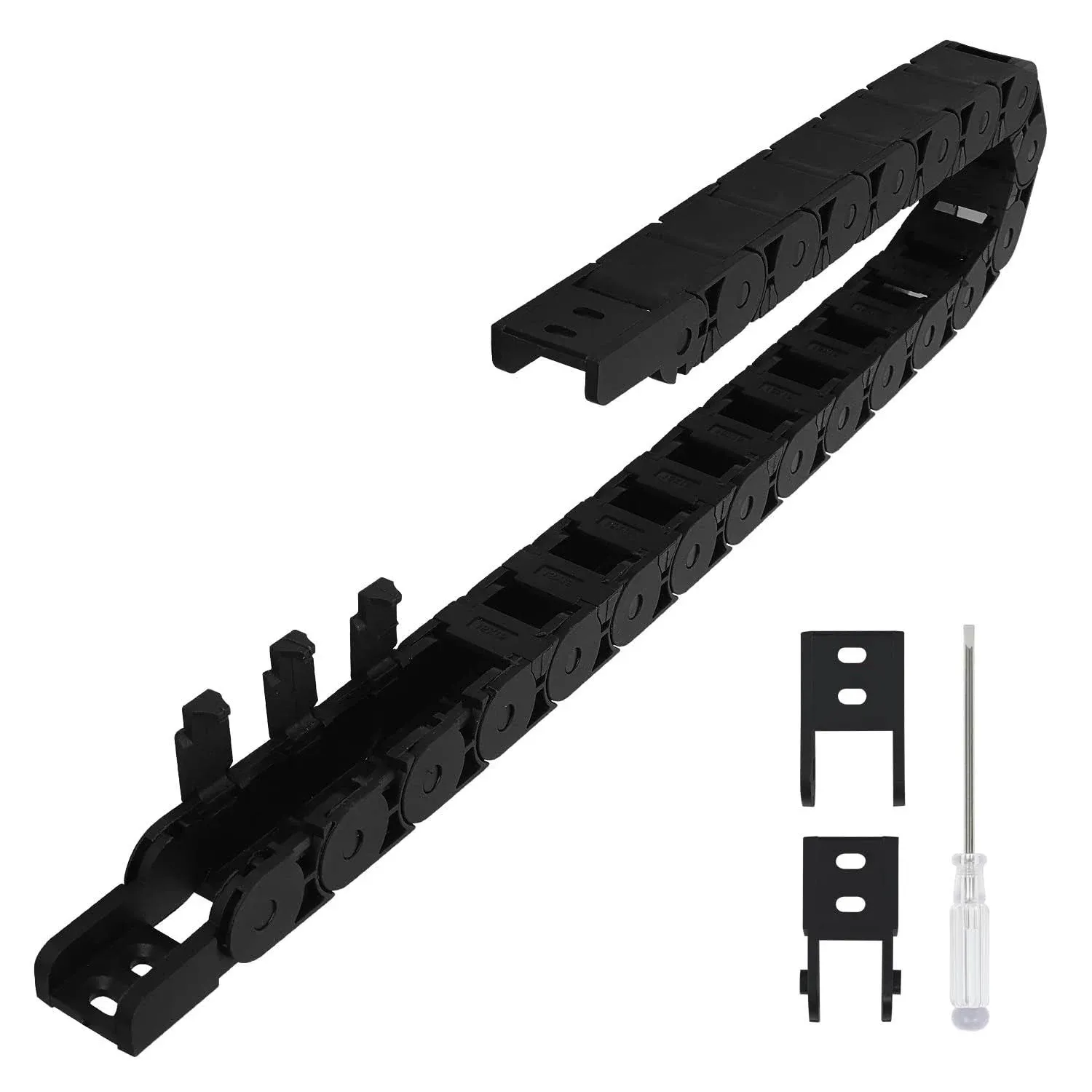 R28/38 15mm x 15mm(Inner H x Inner W) Black Plastic Cable Wire Carrier Drag Chain 1M Length for CNC, with End Connectors - Semi Enclosed Type (Inner side openable)