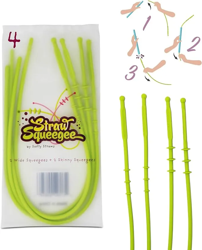 Straw Squeegee Cleaning Tool 4 Pack - (2 Small, 2 Wide) - BPA Dishwasher Safe Straw Silicone Squeegee Brush Designed to Clean Reusable Softy Straws