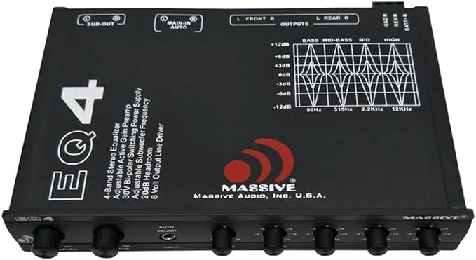 Massive Audio EQ4 Car Equalizer with 4 Band Graphic Equalizer - AUX inputs - 8V Line Driver - 12dB Crossover