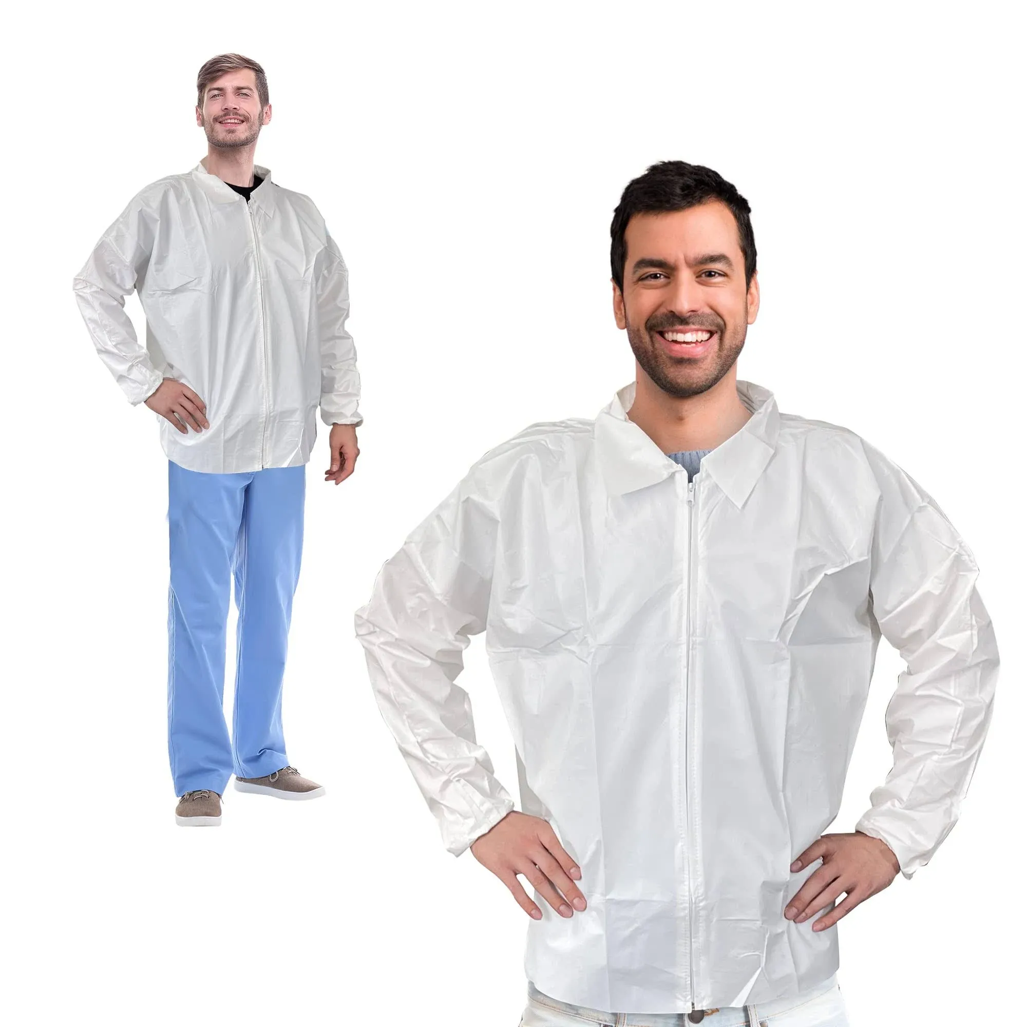 EZGOODZ Waterproof Disposable Lab Jackets. Pack of 10 White Medium Microporous 65 ...