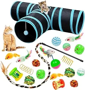 Malier Cat Toys Kitten Toys Set, Collapsible Cat Tunnels for Indoor Cats, Interactive Cat Feather Toy Fluffy Mouse Crinkle Balls Cat 3 Way Tube Tunnel Toys Kitty Toys for Cat Puppy Kitty Kitten